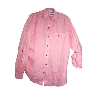 Caribbean 100% Linen Shirt Mens Medium Hawaiian Beachy Casual Rollup Sleeve Tab